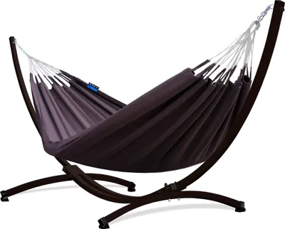 Produktbild von Potenza Outdoor Medelin Hängematte mit Gestell für 2 Personen I 100% Baumwolle Doppelhängematte 220x140, 160kg I Braun Hängemattengestell 220kg, wetterfest