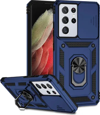 A blue phone case with a sliding camera cover and a ring holder is shown from multiple angles, with a phone partially visible inside.