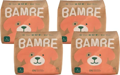 Obrázek produktu pro Bambe | ekologické pleny | velikost L | od 9 do 14 kg | přibližně od 12 měsíců | měsíční balení 136 kusů