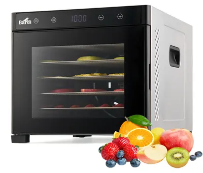 Produktbild von BARDI Professional 6-lagiger Dörrautomat – Dörrgerät – Trockenofen aus Edelstahl – 24-Stunden-Timer – LED-Bedienfeld – Inklusive 6 Dörrbeutel und Küchenzange – 650 Watt