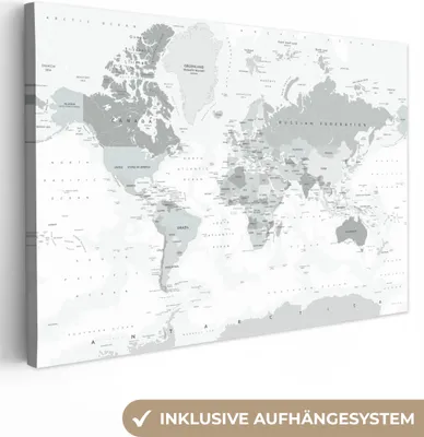 Produktbild von MuchoWow® - Leinwandbilder - Weltkarte - Weiß - Grau - Erde, Wandbild, Wanddeko Bilder Wohnzimmer, 120x80 cm