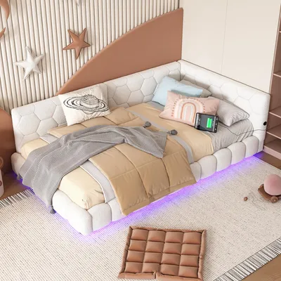 Produktbild von MODFU Tagesbett Polsterbett 90x200cm mit LED und USB-Anschluss, Schlafsofa mit Lattenrost aus Stoff, Weiß(Ohne Matrtze)