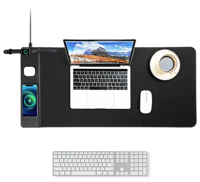 Productafbeelding van Draadloze, oplaadbare muismat (15W), waterdicht, met een ultra-glad oppervlak en een antislip onderkant. XXL bureaubladbeschermer (90 x 40 cm), klassieke zwarte bureaubladbeschermer voor MacBook en laptop