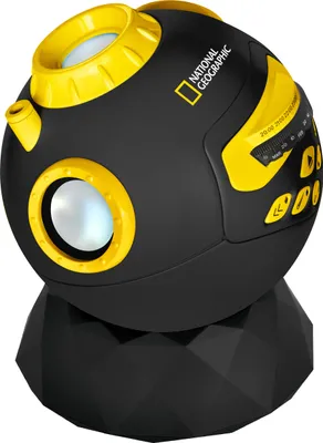 A black and yellow National Geographic Astro Planetarium projector on a white background.