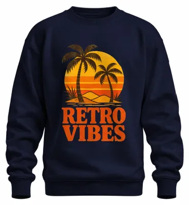 Zdjęcie produktu dla Bluza z nadrukiem w stylu retro, motyw: palmy, plaża, zachód słońca, lato, wakacje, wyspa. Kolor: granatowy. Rozmiar: 3XL