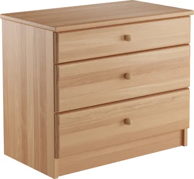 A light wood chest of drawers with three drawers.