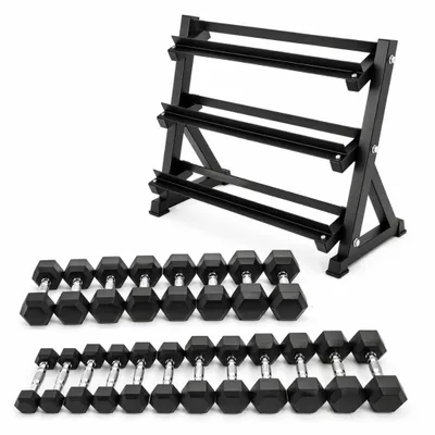 Obrázek produktu pro Sada činek PH Fitness Hexa 2,5–25 kg se stojanem na činky se 3 policemi – sada 10 párů gumových činek pro silový trénink, domácí posilovna, fitness studio, profesionální použití