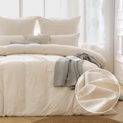 Image de Ensemble de literie Ibenzoa® 155 x 220 cm – 100% coton, comprenant 1 housse de couette 80 x 80 cm, à rayures, respirante et hypoallergénique, de couleur beige, avec fermeture à glissière et coins renforcés