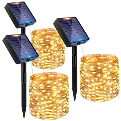 Solar-Lichterkette 12 m, 120 LEDs, warmweiß, IP65, 8 Modi, 3er-Set