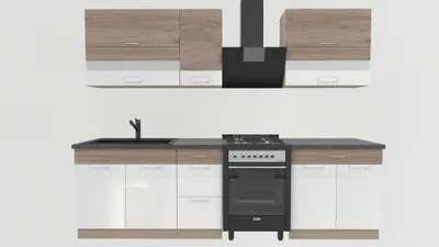 Produktbild von Küchenzeile 270 cm - ECONO B - Sonoma Eiche - Weiß Hochglanz - Mit Arbeitsplatte Dunkelbraun - Einbauküche mit Soft-Close - Metallbox Schubladen