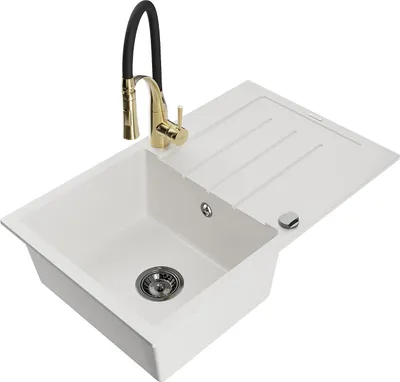 Immagine prodotto di Mexen Bruno lavello da cucina in granito a 1 vasca con scolapiatti e rubinetto Aster, bianco - 6513-20-73450-57-B