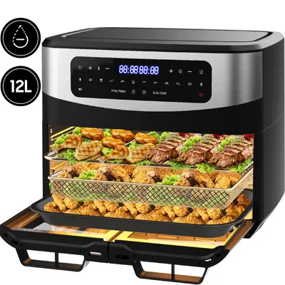 An air fryer with its door open, displaying multiple racks filled with food.