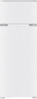 A front view of a white refrigerator-freezer combination.