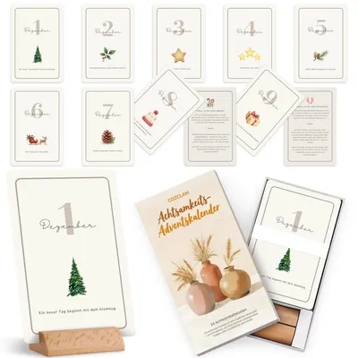Produktbild von Achtsamkeits-Adventskalender für Erwachsene, 24 Affirmationskarten, Holzständer, 15x10 cm