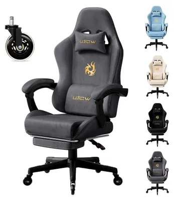 Produktbild von Ergonomischer Gaming Stuhl mit verstellbarer Rückenlehne, drehbarem Bürostuhl, Armlehnen, Fußstütze, Lendenstütze und Kopfstütze, Grau