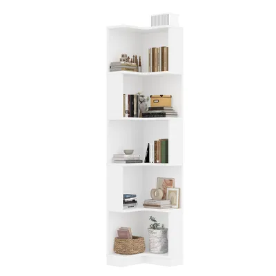 Produktbild von Flieks Eckbücherregal mit LED-Lichtleiste, 63.5x45x175 cm, Bücherregal  Lagerregal mit 5 Ebenen, Multifunktionaler Displayständer, weiß