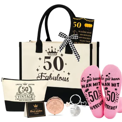 Immagine prodotto di Set regalo per il 50° compleanno di una donna: borsa in tela con pochette, specchio, calzini e portachiavi