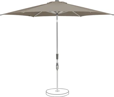 A light taupe patio umbrella with a gray pole and base, shown against a white background.