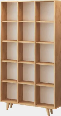 An empty wooden bookshelf with multiple shelves.