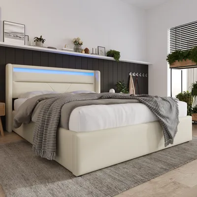 Obrázek produktu pro okwish čalouněná postel – postel 160x200 cm – postel s hydraulickým úložným prostorem – manželská postel s roštem, úložným prostorem a LED, bílá (s dálkovým ovladačem)