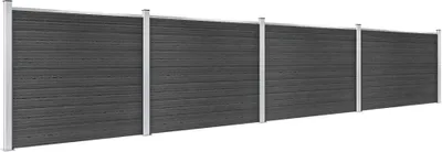 A long, gray WPC fence with silver posts, shown from a slightly angled perspective against a white background.