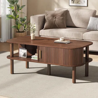 Produktbild von Merax Couchtisch mit Rolltor aus MDF,  Skandinavische Wohnzimmertisch mit offene Fächer, Beistelltisch mit Stauraum, 60kg belastbar, Holzoptik Walnuss