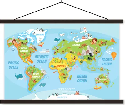Produktbild von MuchoWow® Textilposter Weltkarte - Kinder - Tiere 120x80 cm mit schwarzem Rahmen - Wanddeko
