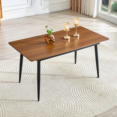Image de Table rectangulaire de 150 x 190 cm, table de cuisine pour 4 à 8 personnes, aspect bois, MDF, pieds en métal. Design industriel moderne, table de conférence stable. Finitions : chêne, noyer