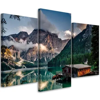 Produktbild von Triptychon auf leinwand see in den bergen 60x40 cm Feeby farbe wandbild bereit zum aufhängen