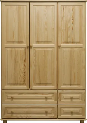 A front view of a light-colored wooden wardrobe with three doors and drawers.