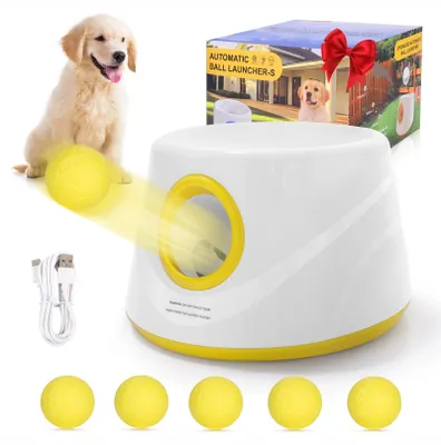 Image de Lanceur de balles pour chiens - Lanceur de balles automatique pour chiens - 3 distances de lancer réglables - 5 balles en ETPU - Jouet d'apport pour intérieur et extérieur - Jaune