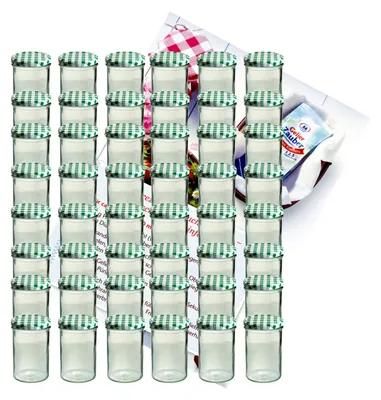 A collection of glass jars with green and white checkered lids, arranged in rows. A small packet with text is visible in the background.