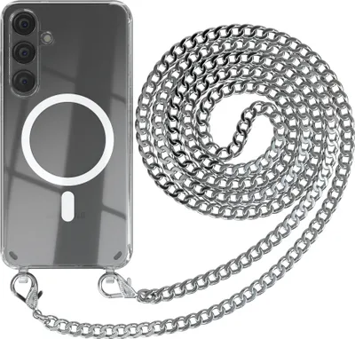 Produktbild von EAZY CASE Handykette kompatibel mit Samsung Galaxy S24 Plus, Kette zum Umhängen aus Metall, Silikonhülle mit Band, stoßfest, mit MagSafe in Silber