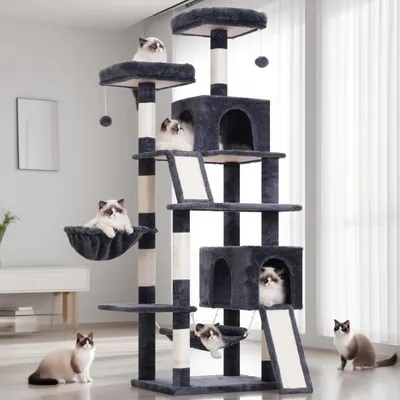 Image de Arbre à chat avec plusieurs poteaux à gratter et plateformes