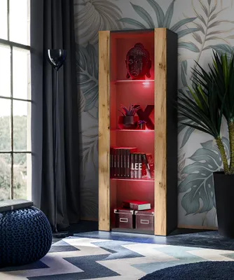Produktbild von Komodee | Vitrine Schrank Tivoli mit 3 Regalböden, Korpus Schwarz Matt Frontfarbe Wotan Matt, LED RGB