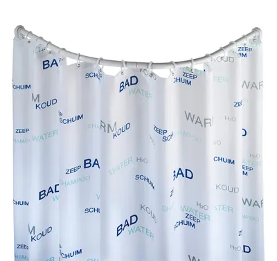A white shower curtain with various words printed on it, hanging from a curved shower rod.