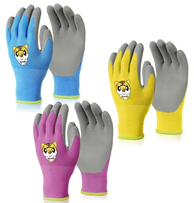 Productafbeelding van 3 paar kinderhandschoenen, tuinhandschoenen, beschermende handschoenen met handpalmcoating, waterdicht en stofbestendig, geschikt voor kinderen van 3-5 jaar.