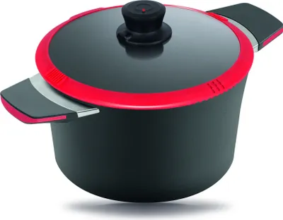 Obrázok produktu pre liatinový hrniec 30400 Squality vrátane sklenenej pokrievky s funkciou vylievania, objem 4,0 l, 24 cm, bez tuku, červený, indukcia