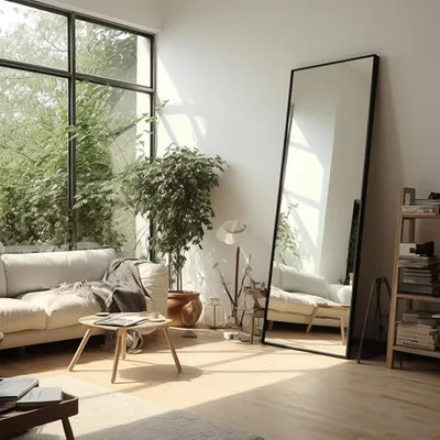 Productafbeelding van Spiegels: Rechthoekige, zwarte spiegel met metalen frame, 162 x 53 cm. Veiligheidsglas met breekbescherming. Geschikt voor wandmontage of als vloerspiegel, ideaal voor slaapkamers en kleedkamers