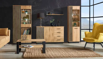A living room scene featuring a modern furniture set including a sideboard, display cabinet, and coffee table, with a yellow armchair and a rug.