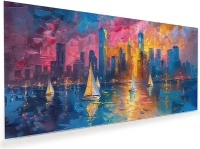 Produktbild von Glasbild 110x55cm in XXL für Wohnzimmer, Schlafzimmer Motiv Hafenstadt Bei Nacht