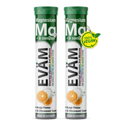 Produktbild von Magnesium + B-Komplex Brausetabletten 2er Pack, für Muskeln, Energie & Nerven, Orange, vegan und ohne Zuckerzusatz, EVÄM
