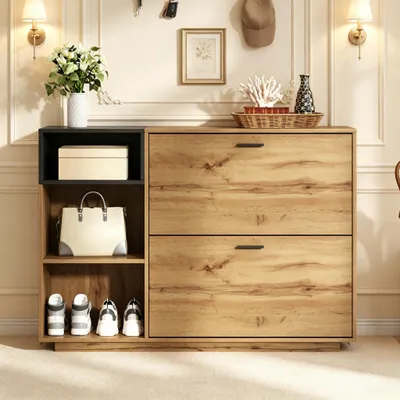 Produktbild von Schuhschrank, Holz+Schwarz, 3 offene+2 Klappfächer, MDF