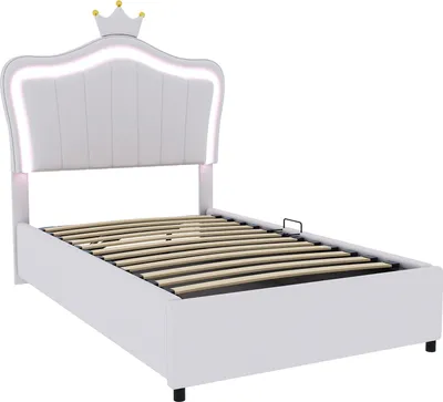 Obrázek produktu pro Abrihome dětská postel 90x200 cm s lamelovým roštem a led osvětlením, čalouněná postel s korunovým čelem, hydraulická úložná postel, bílá