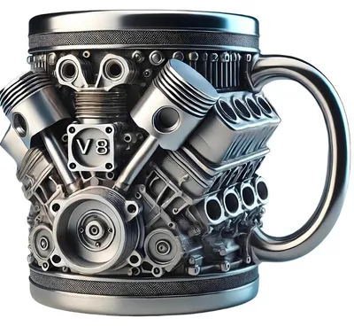 Produktbild von V8 Motor Tasse Edelstahl 450ml Steampunk Kaffeebecher Industrial Design Geschenk für Männer