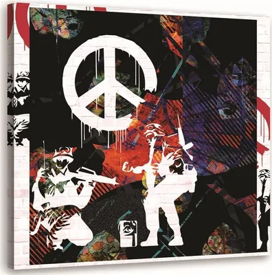 Produktbild von Leinwandbild banksy soldaten und das gemalte friedenszeichen 60x60 cm Feeby farbe wandbild bereit zum aufhängen