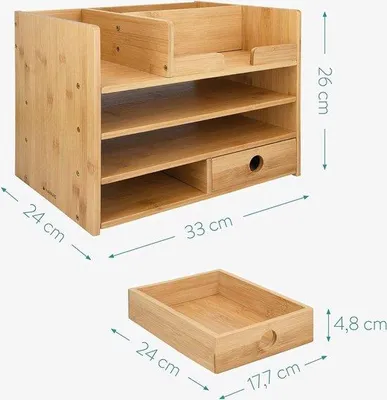 Produktbild von Famanu Büro Organizer aus Bambus - Holzschreibtischregal mit Schublade - 33 x 24 x 26 cm