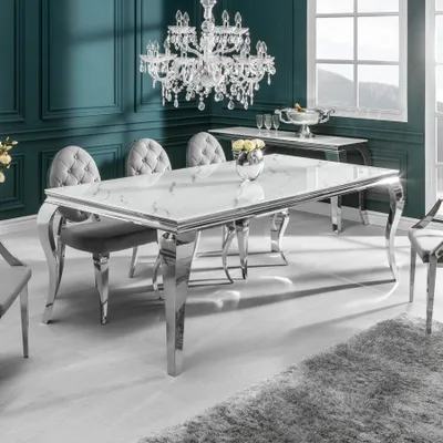 Produktbild von riess-ambiente Design Esstisch MODERN BAROCK 200cm weiß chrom Glasplatte Marmor Edelstahlbeine Esszimmertisch Konferenztisch Tisch
