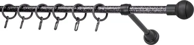 A black curtain rod with rings and a support bracket, shown against a white background.