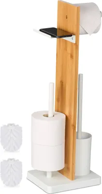Image de Ensemble de salle de bains Relaxdays, bambou, dimensions : 68 x 27 x 18 cm, porte-papier hygiénique sur pied, tablette, brosse de toilettes, blanc/naturel
